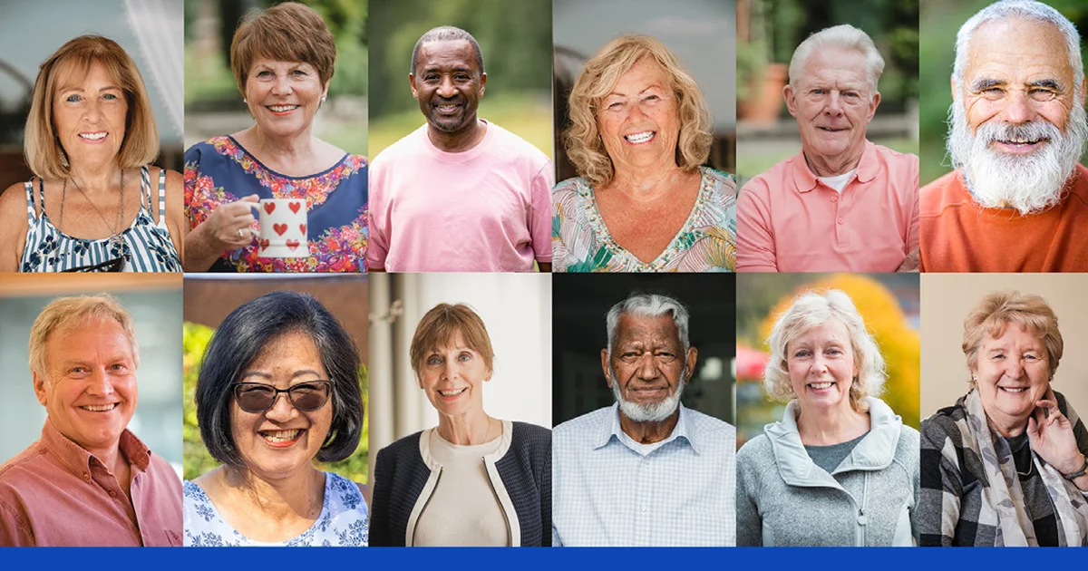 A collage of 12 head-and-shoulders portraits of older adults used in the NHS Pensioners Newsletter 2025. The individuals are of mixed gender and ethnic backgrounds, all smiling and dressed in casual clothing. The photos are taken in a mix of indoor and outdoor settings with natural lighting. Each person looks directly at the camera.